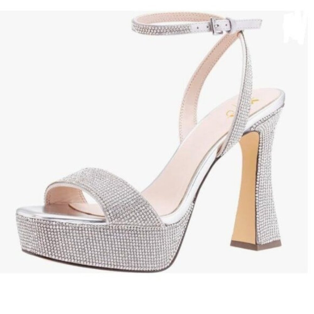 XYD Silver Platform Crystal Block Heels Sandals Open Square Toe Ankle Strap Shoe